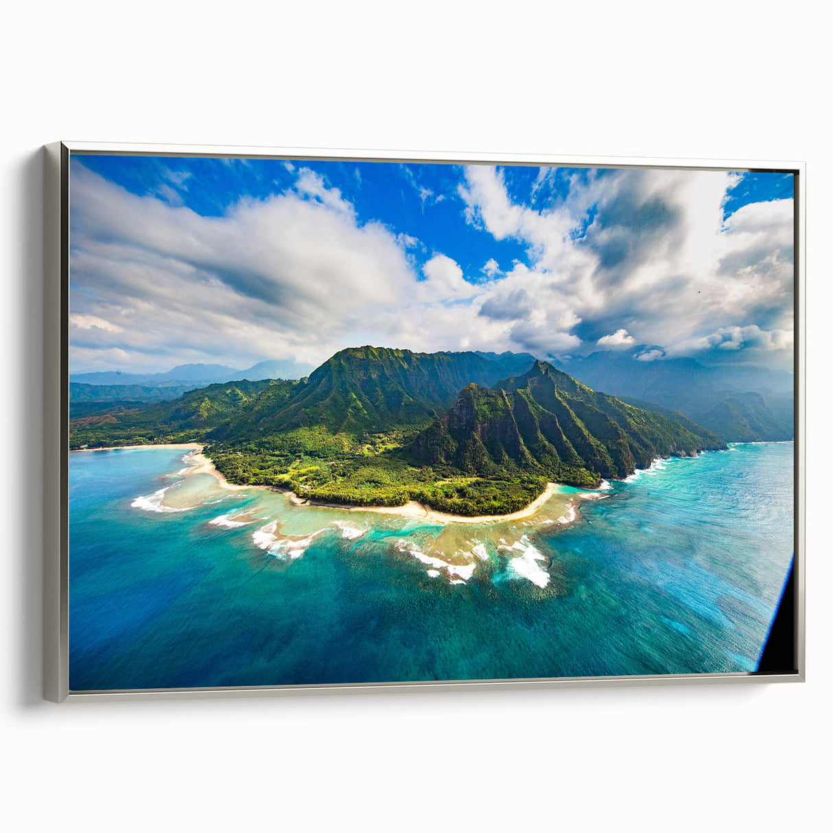 Landscape art painting of Kauai, Hawaii, featuring vibrant green and blue tones on a framed canvas.