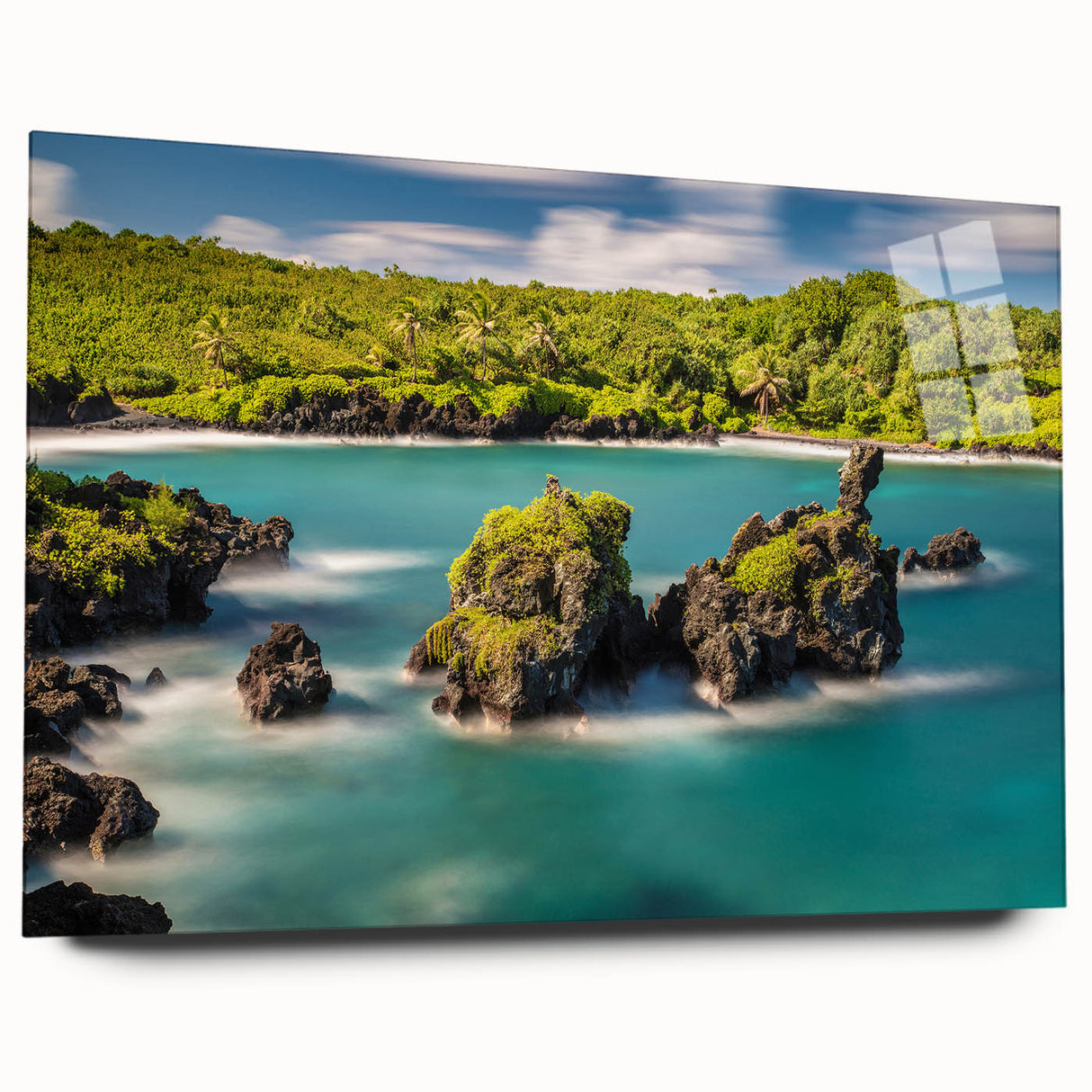 Large abstract depiction of Maui scenery on acrylic glass, using vivid blue and green tones.