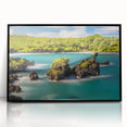 Large abstract wall art depicting a vibrant Maui landscape in mid-century modernist style, framed in black acrylic.