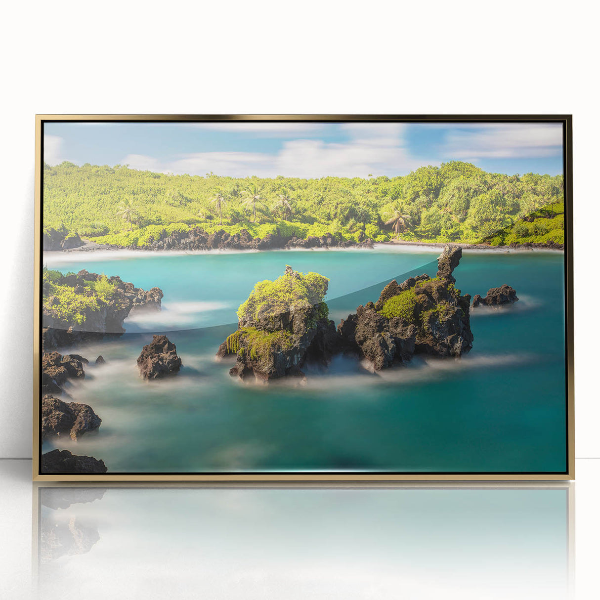 Framed acrylic print of a serene Maui landscape in soft pastel shades, ideal for modern art wall decor.