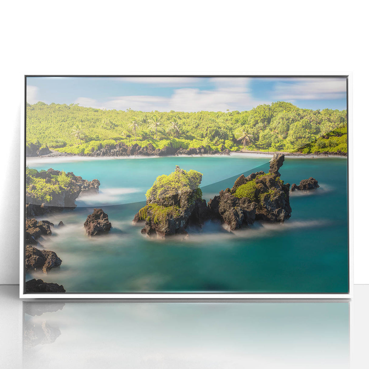 Art deco style poster of a Maui beach scene in pastel colors, framed in white acrylic, suitable for nursery wall art.