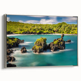 Landscape art painting of Maui scenery on framed canvas, featuring vibrant colors with a vintage poster style.