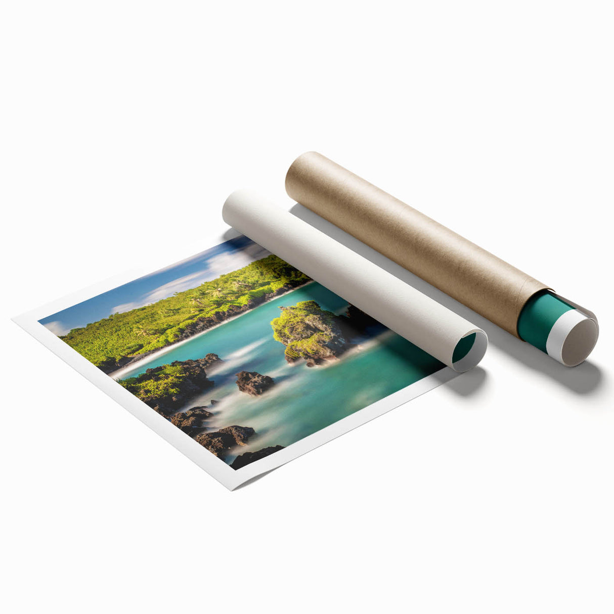 Extra large rolled print of Maui scenery with vibrant floral elements, ideal for classy bathroom wall art.