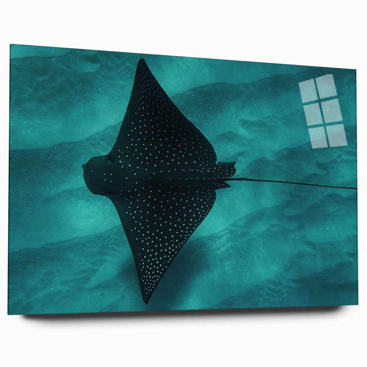 Large abstract wall art of Oahu's coastline in muted blue and green tones on acrylic glass.