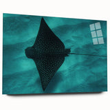 Large abstract wall art of Oahu's coastline in muted blue and green tones on acrylic glass.