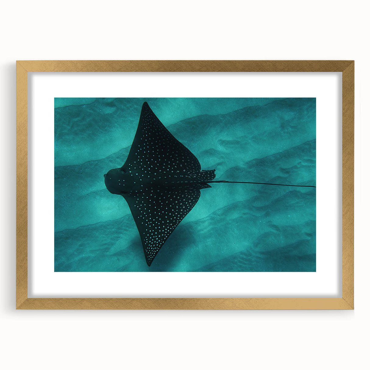 Extra large abstract art print of Oahu, Hawaii, in gold frame with mat, featuring textured blue and green hues.
