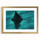 Extra large abstract art print of Oahu, Hawaii, in gold frame with mat, featuring textured blue and green hues.