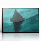Large abstract wall art depicting Oahu's coastline in muted blue and green tones, framed in black acrylic.