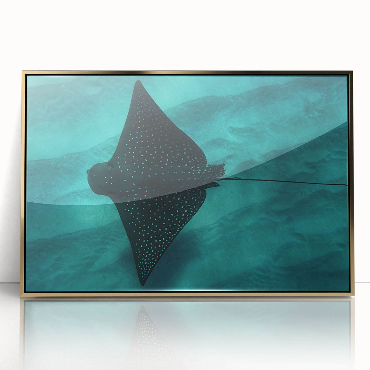 Large art print featuring a serene Oahu, Hawaii landscape in muted green and blue on a framed acrylic.