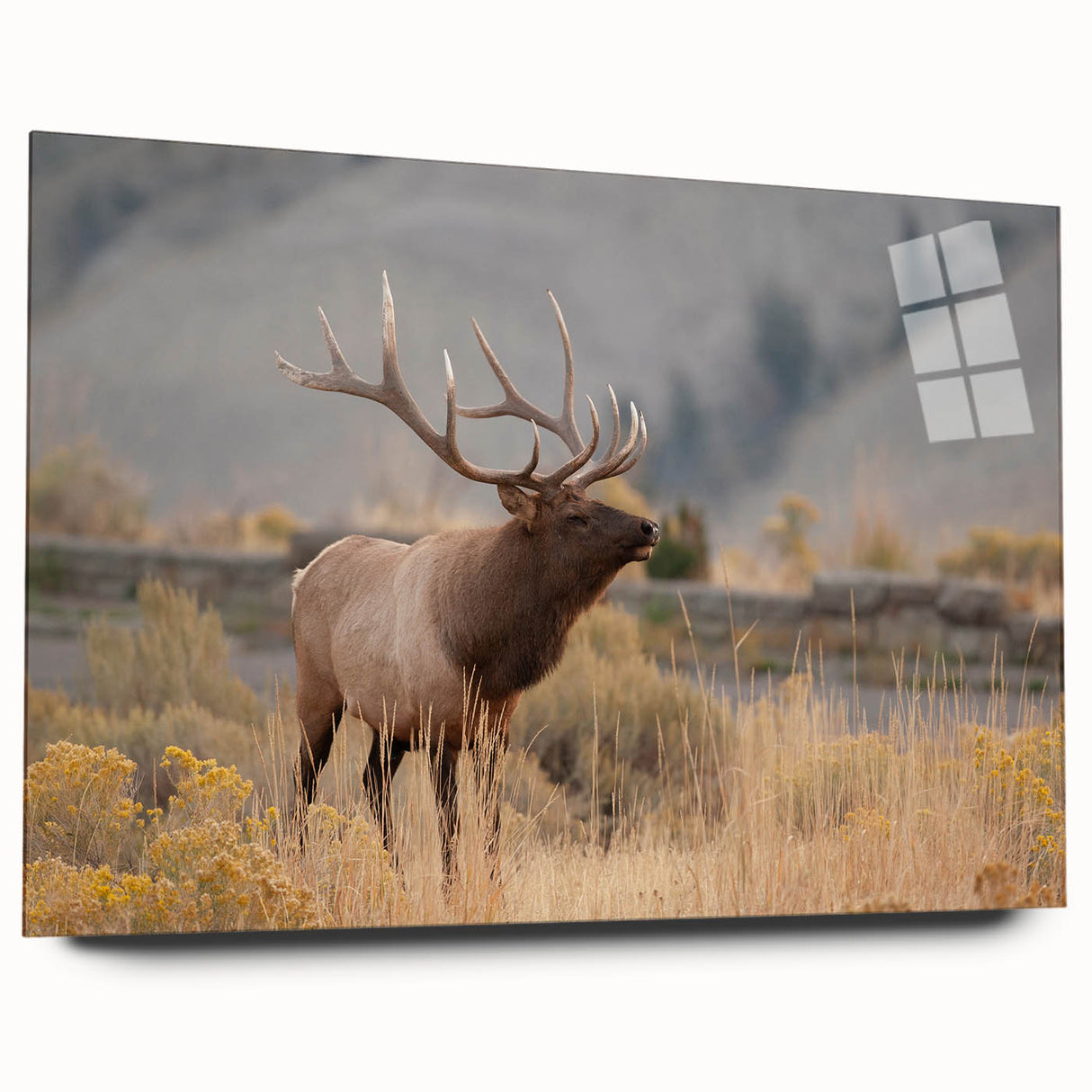 Large abstract wall art of Idaho scenery in muted earth tones on acrylic glass, suitable for bedroom or dining room decor.