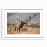 Abstract art print of Idaho scenery in muted earth tones, framed with a white mat, suitable for dining room decor.