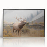 Mid-century modernist Idaho scenery on a silver-framed acrylic print, featuring muted earth tones.