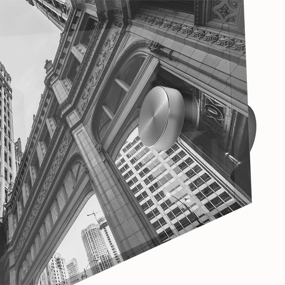 Large abstract wall art of Chicago skyline in muted gray and blue tones on acrylic glass, ideal for dining room art.