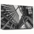 Acrylic print of abstract Chicago skyline in muted blue and gray, suitable for bedroom or dining room.