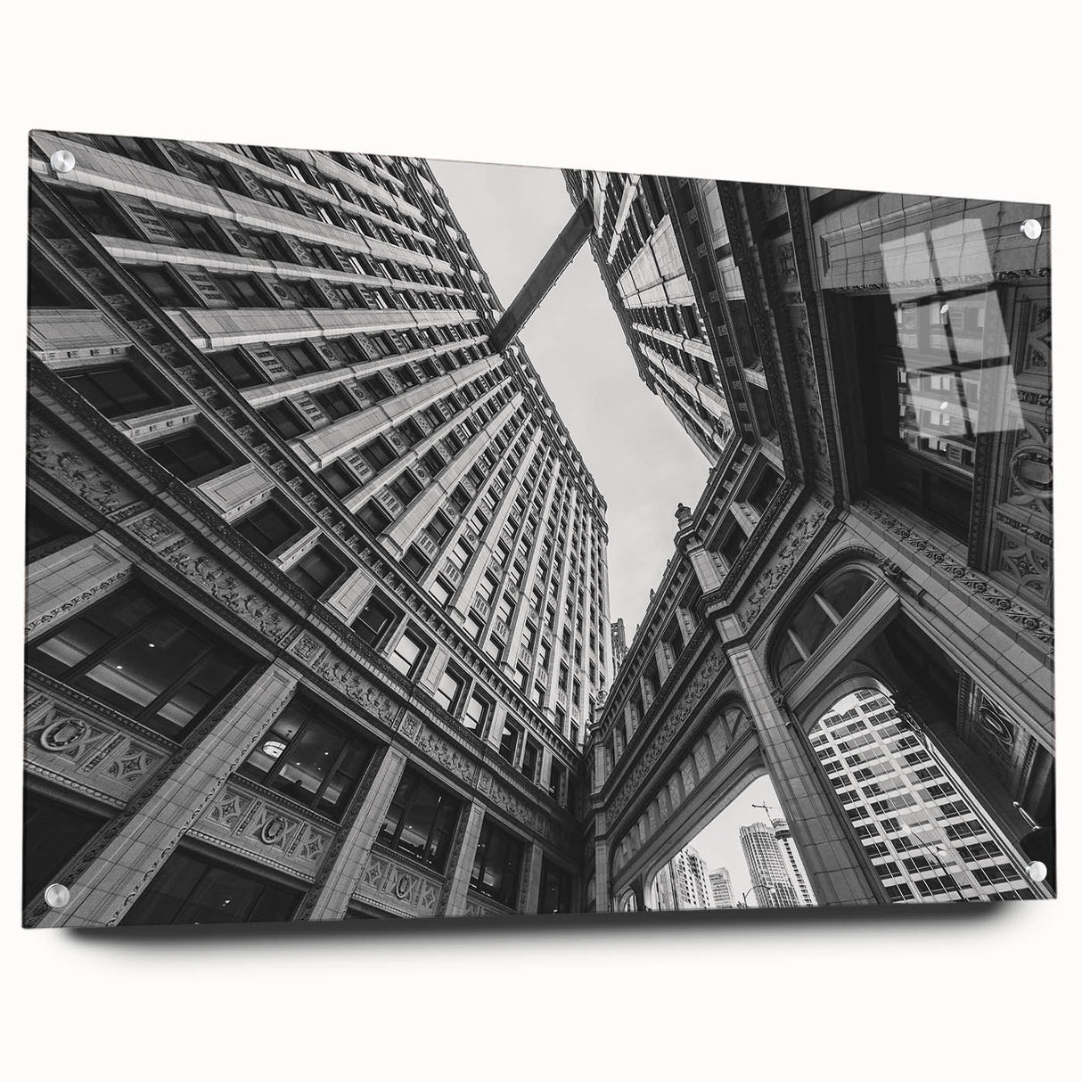 Acrylic print of abstract Chicago skyline in muted blue and gray, suitable for bedroom or dining room.