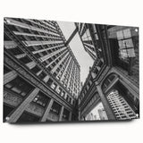 Acrylic print of abstract Chicago skyline in muted blue and gray, suitable for bedroom or dining room.