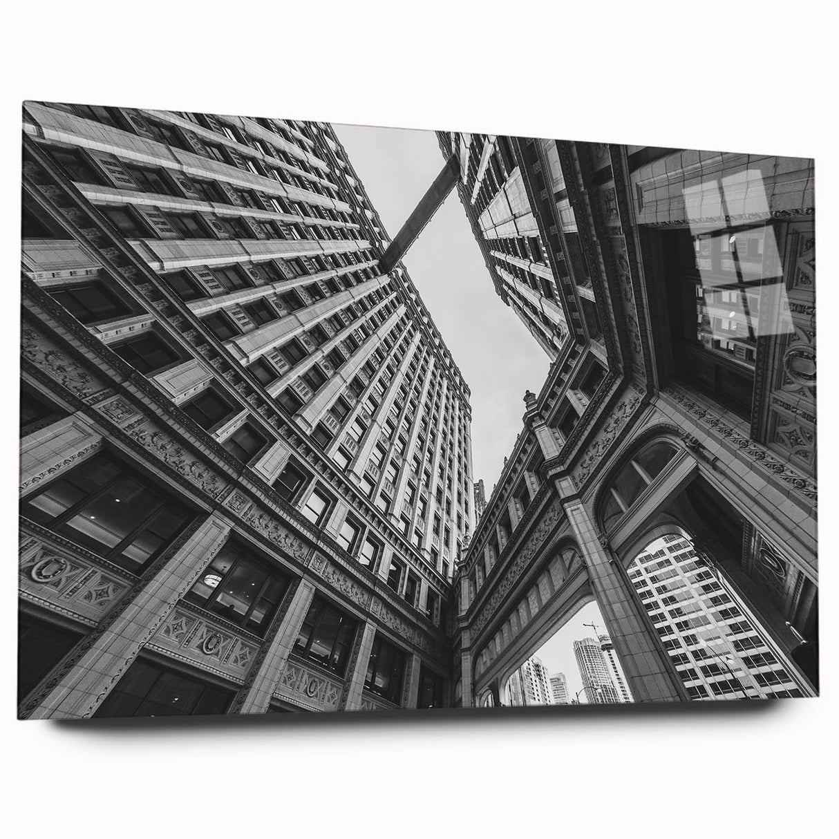 Acrylic print of Chicago skyline in muted gray and blue tones, ideal for bedroom or dining room art.