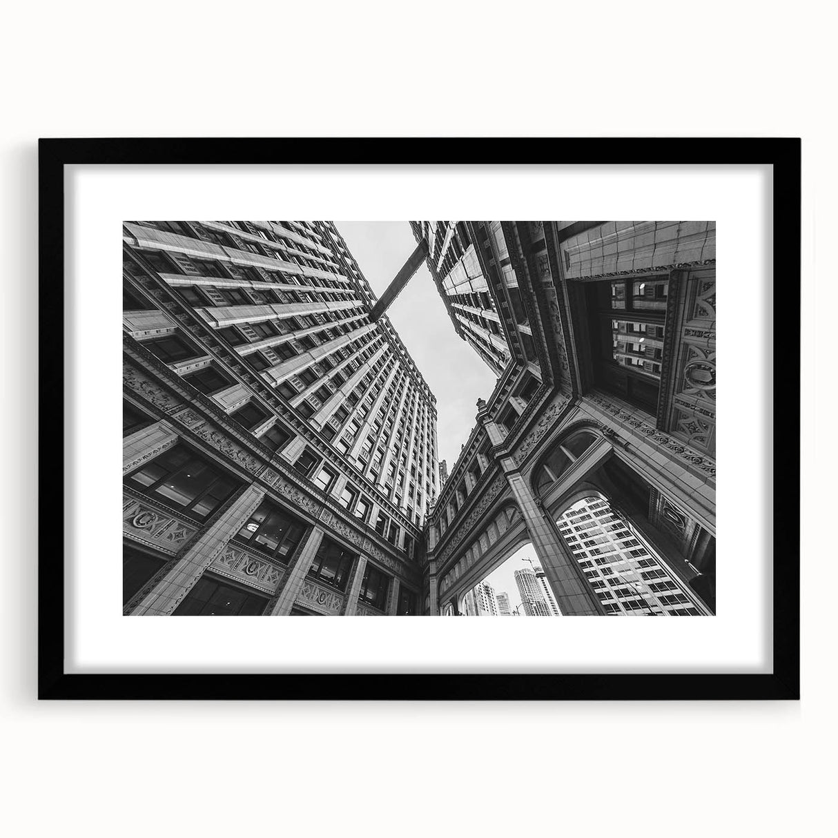 Extra large framed wall art of abstract Chicago skyline with vibrant colorful textures, ideal for living room decor.