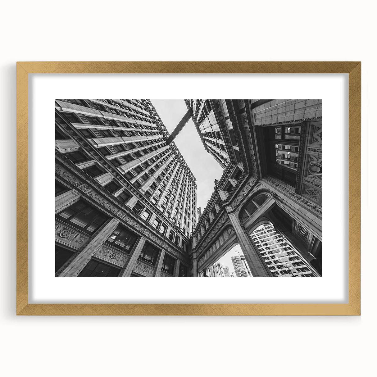 Extra large abstract art print of Chicago skyline in muted gray and blue tones on a textured canvas.