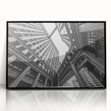 Large abstract wall art of Chicago skyline in muted gray and blue tones on a framed acrylic print.