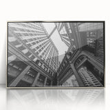 Mid-century modernist art of Chicago skyline in silver framed acrylic, suited for modern art wall decor.
