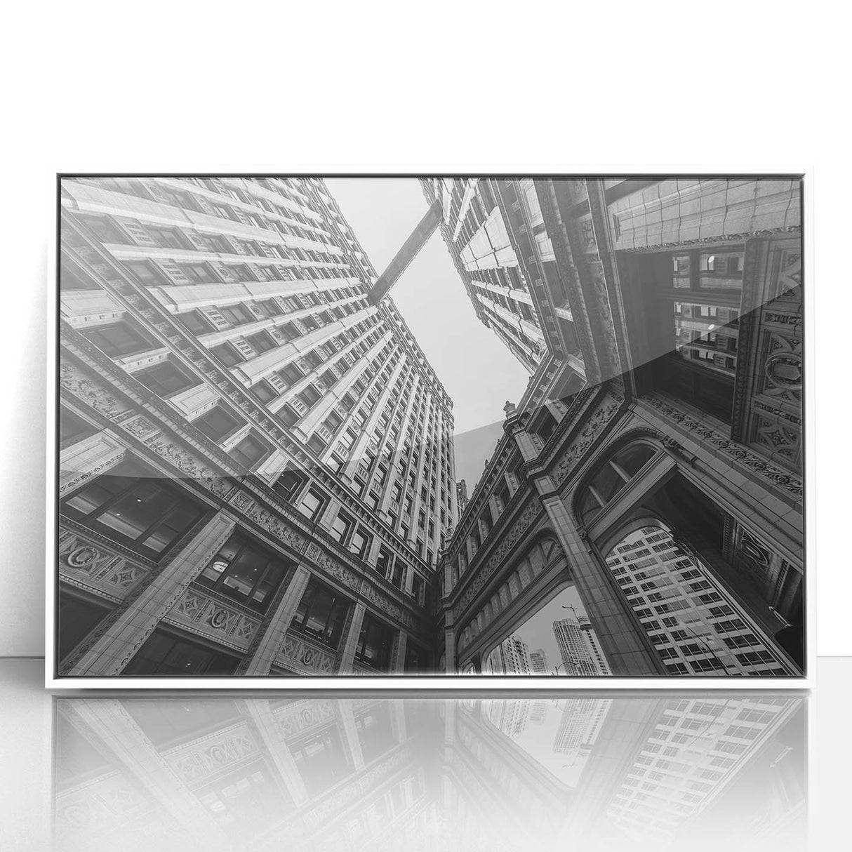 Art deco poster of Chicago skyline in muted blue tones on framed acrylic, suitable for modern nursery wall art.