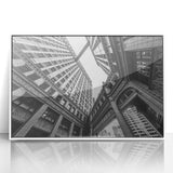 Art deco poster of Chicago skyline in muted blue tones on framed acrylic, suitable for modern nursery wall art.
