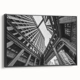 Black and white framed canvas of Chicago skyline, perfect for bedroom wall decor, featuring a vintage poster style.