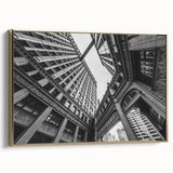Framed canvas depicting a vintage-style Chicago skyline in black and gold tones, ideal for bedroom wall art.