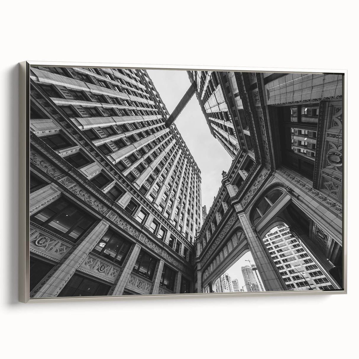 Framed canvas featuring a vintage-style Chicago skyline in black with colorful accents, ideal for office decor.