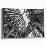 Framed canvas featuring a vintage-style Chicago skyline in black with colorful accents, ideal for office decor.