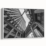 Vintage poster art of Chicago skyline in colorful hues on a framed canvas, ideal for living room decor.
