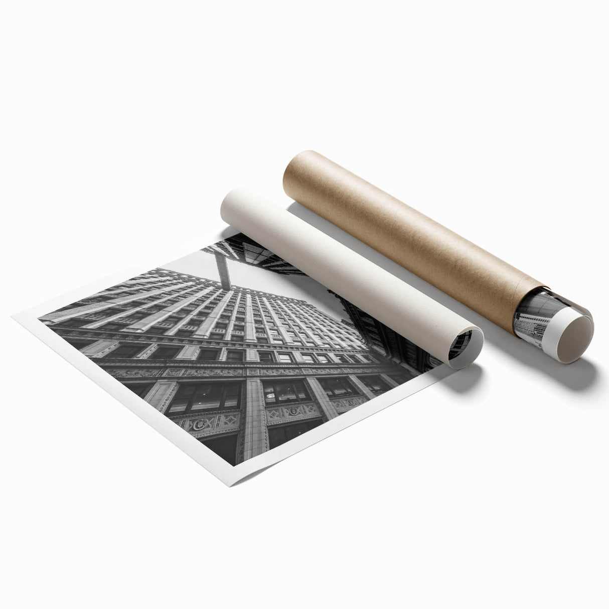 Extra large rolled print of Chicago skyline with floral motifs in soft pastel shades.