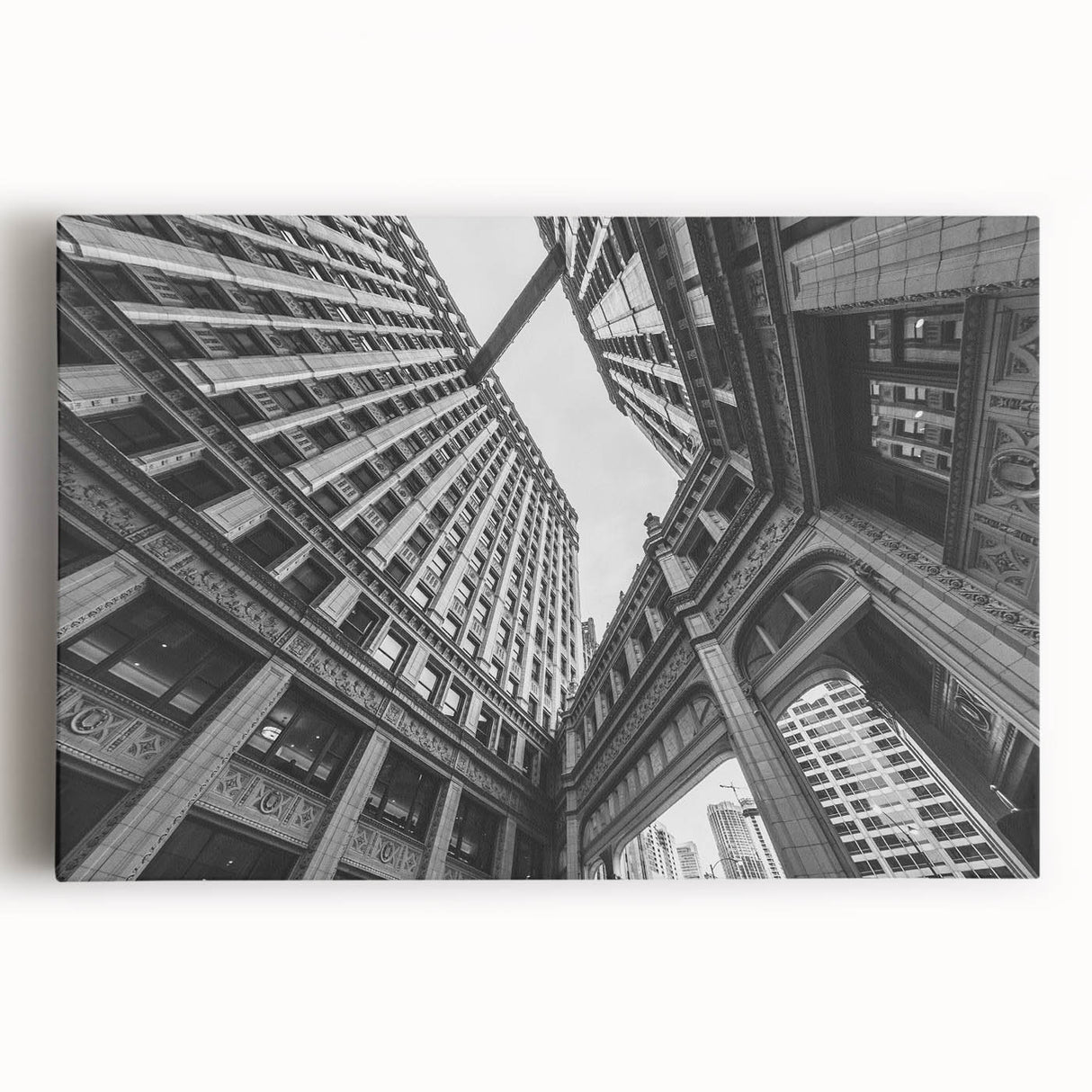 Black and white large art print of Chicago skyline on stretched canvas, suitable for kitchen wall art.