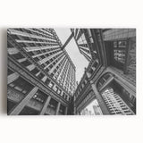 Black and white large art print of Chicago skyline on stretched canvas, suitable for kitchen wall art.