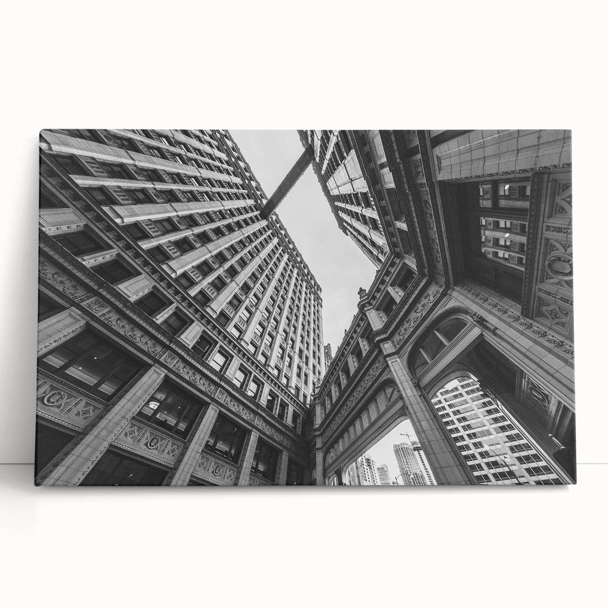 Black and white large art print of Chicago skyline on stretched canvas, suitable for kitchen wall art or bedroom decor.