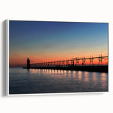 Vintage poster art of Lake Michigan with colorful palette on extra large framed canvas, ideal for living room decor.