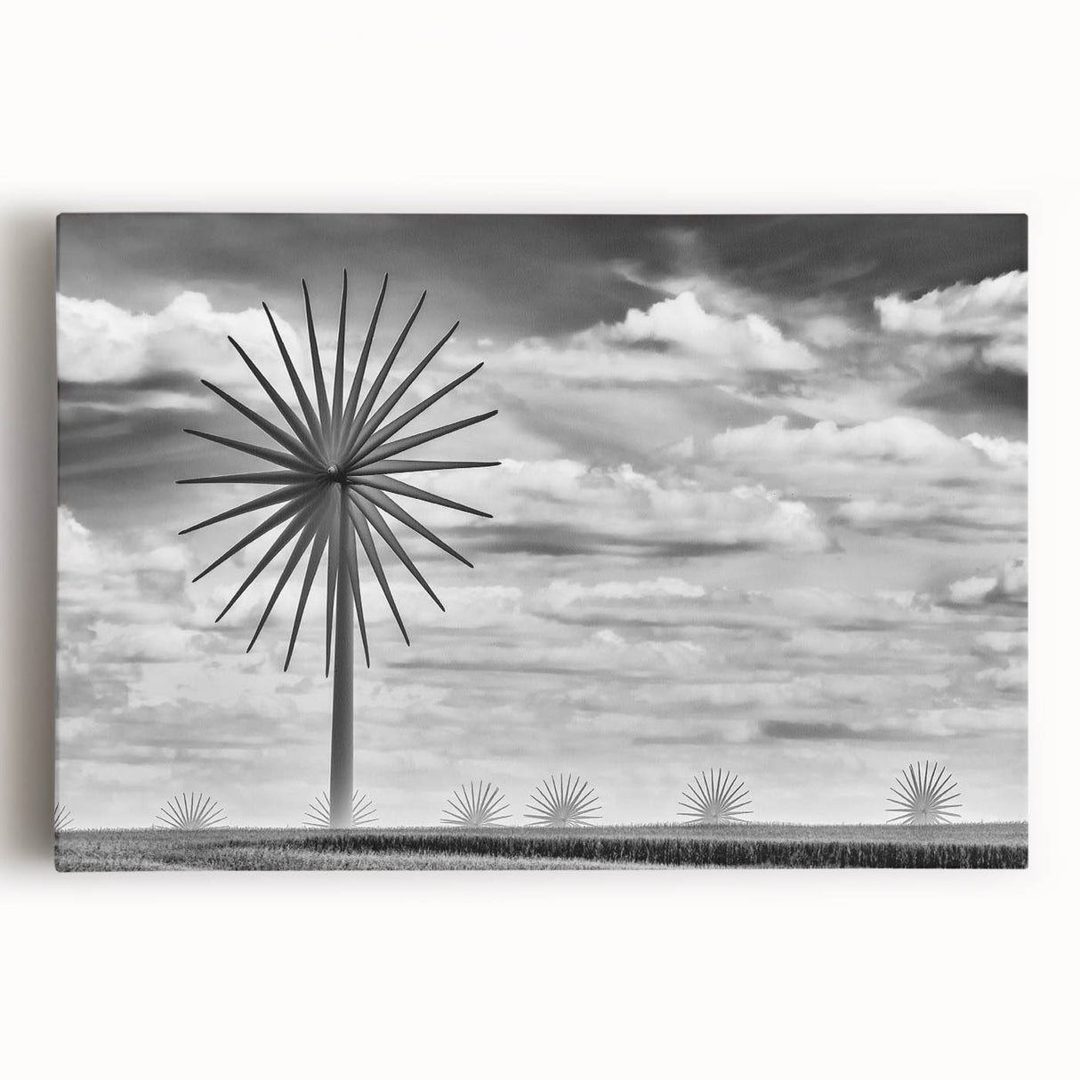 Iowa farmland scene in black and white on large stretched canvas, ideal for kitchen wall art.