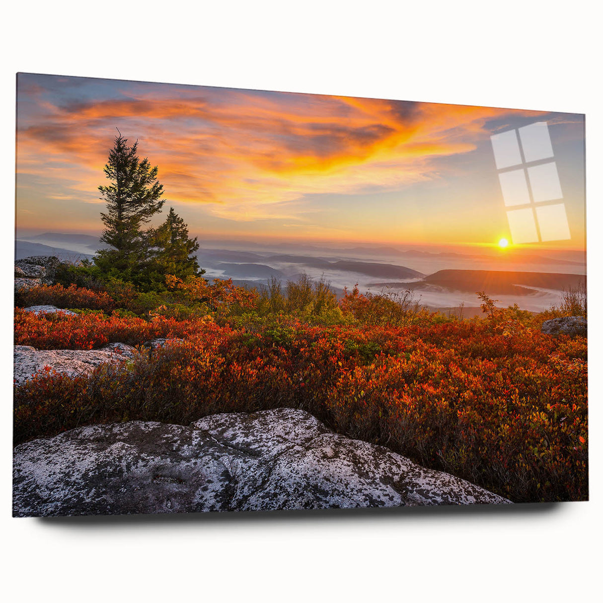 Large abstract wall art depicting a Kentucky landscape in muted blue and green tones on acrylic glass.