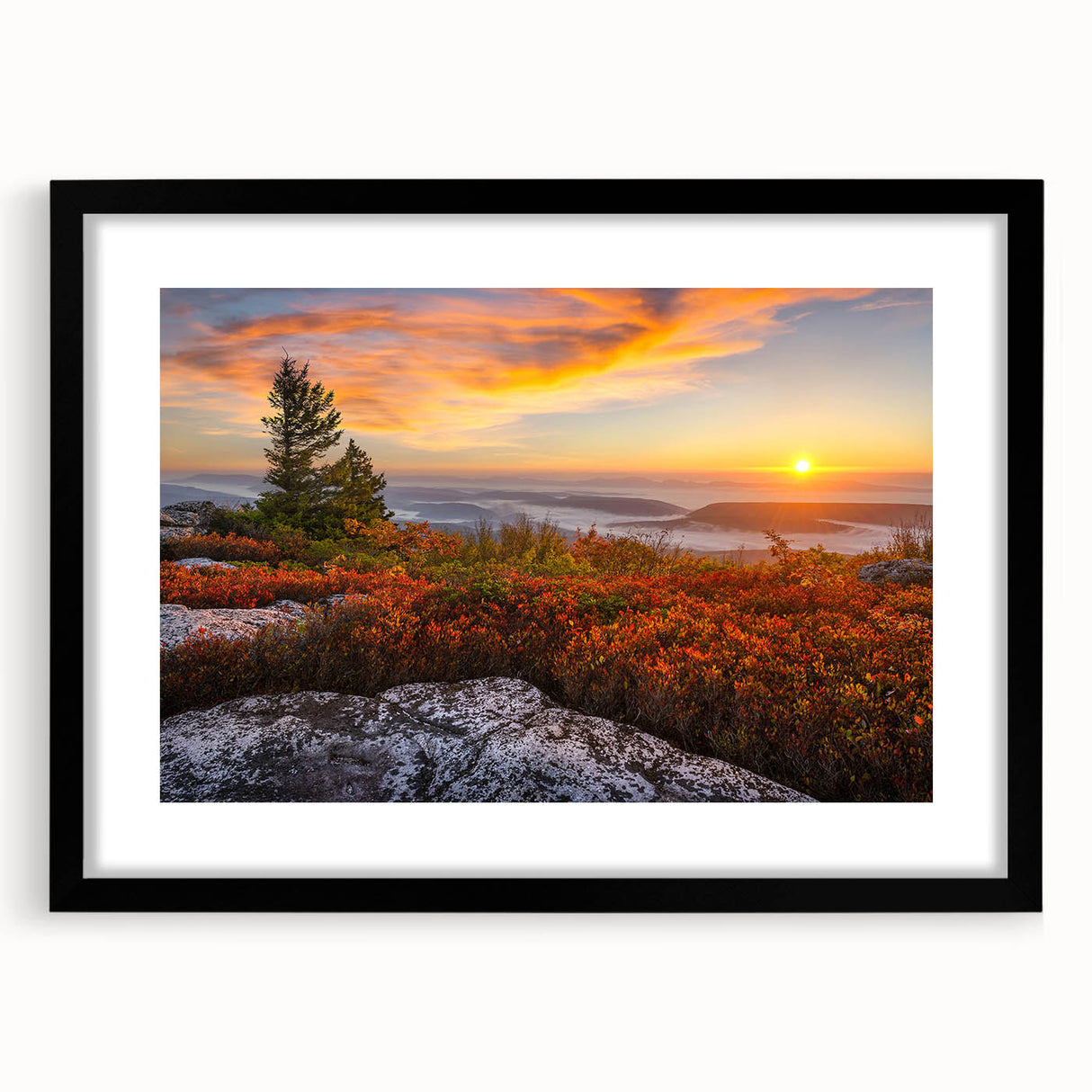 Extra large abstract art print of a vibrant, colorful Kentucky landscape on textured canvas, framed in black.