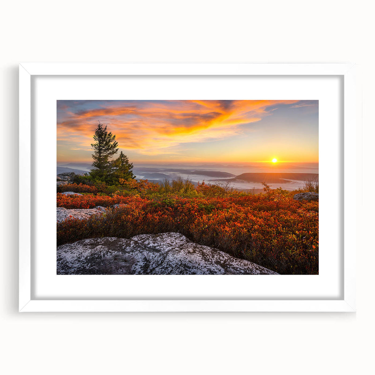 Abstract art print depicting rolling Kentucky hills in muted green and blue tones, framed in white.