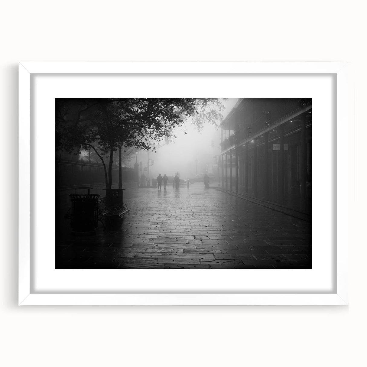 Abstract art print of New Orleans scenery in muted gray and blue tones on a white framed poster.