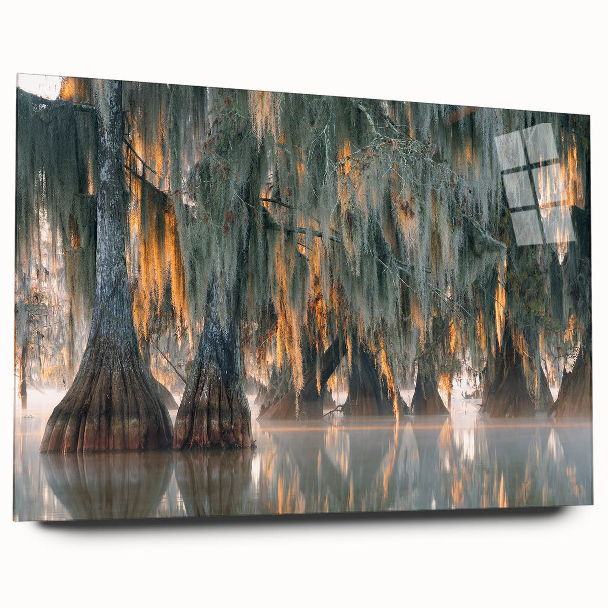 Acrylic print of a large abstract depiction of Louisiana scenery, using vibrant greens and blues.