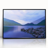 Large abstract wall art depicting Acadia's rugged coastline in muted earth tones on a framed acrylic.