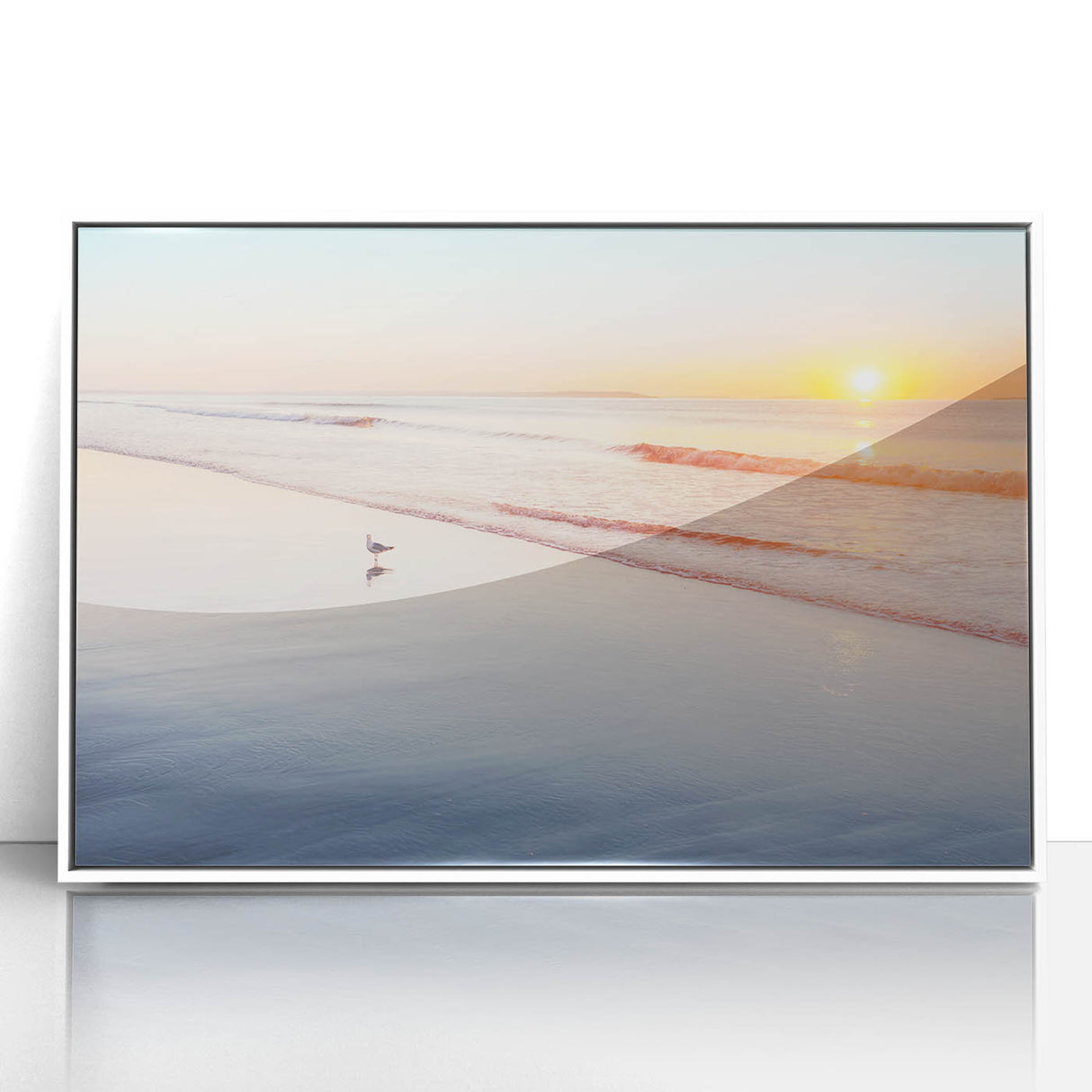 Acrylic print of a serene Maine landscape in soft blue and green tones, framed in white, suitable for nursery wall art.
