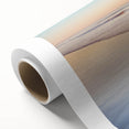 Art deco poster featuring a serene Maine landscape in muted green and blue tones on rolled canvas.