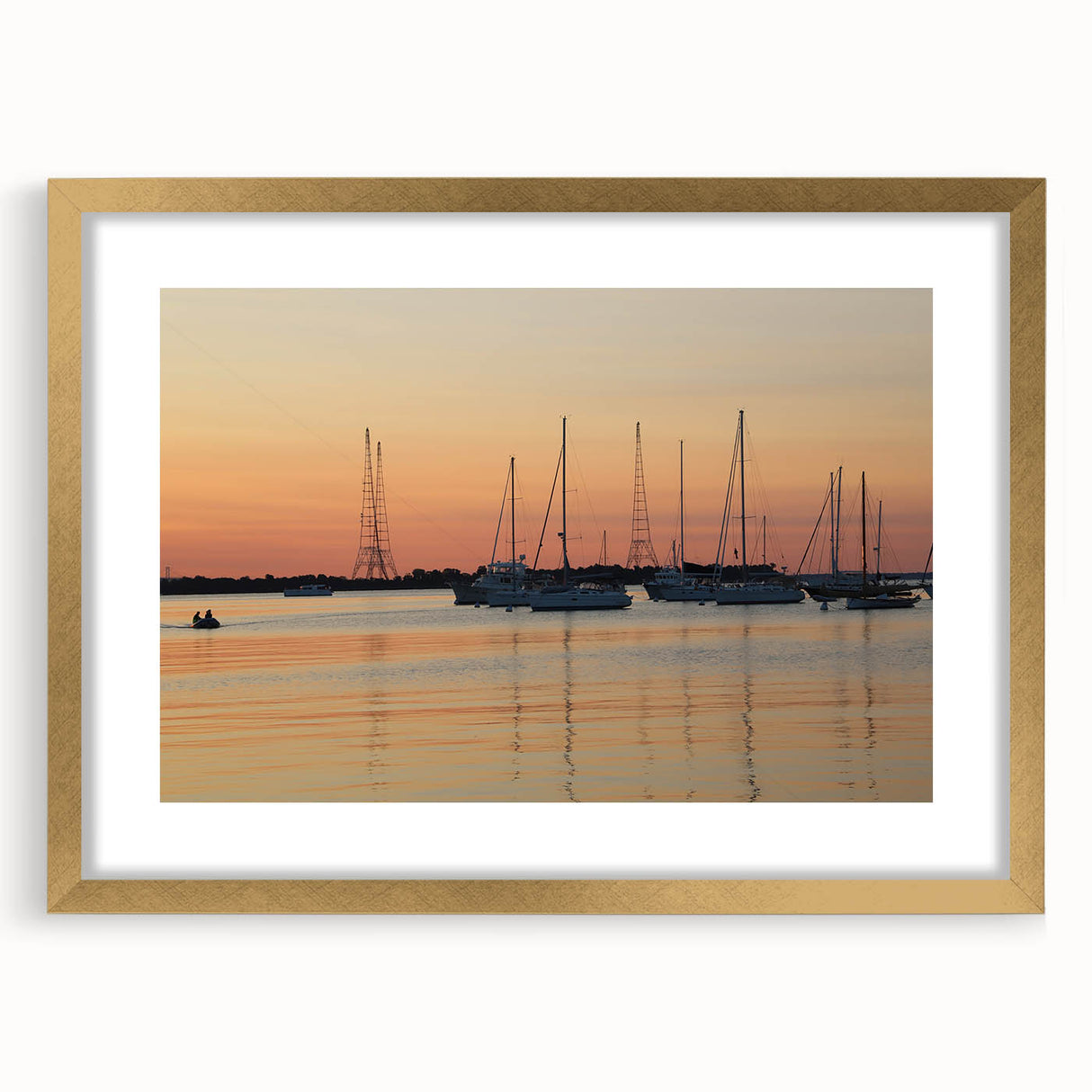 Extra large abstract art print of Annapolis scenery in textured gold frame, suitable for living room decor.