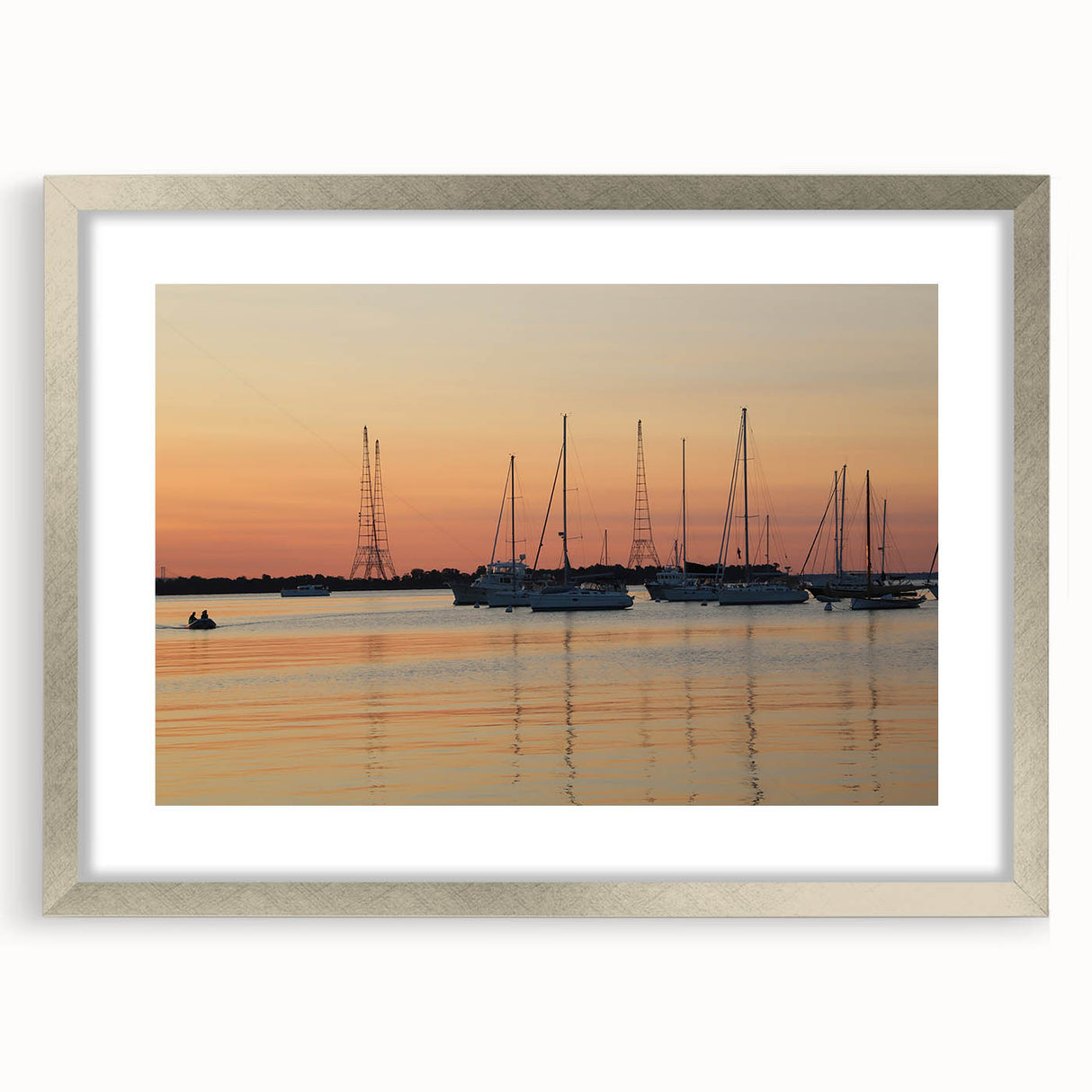 Textured art print of Annapolis, Maryland, in abstract style with cool gray and blue tones, framed in silver.