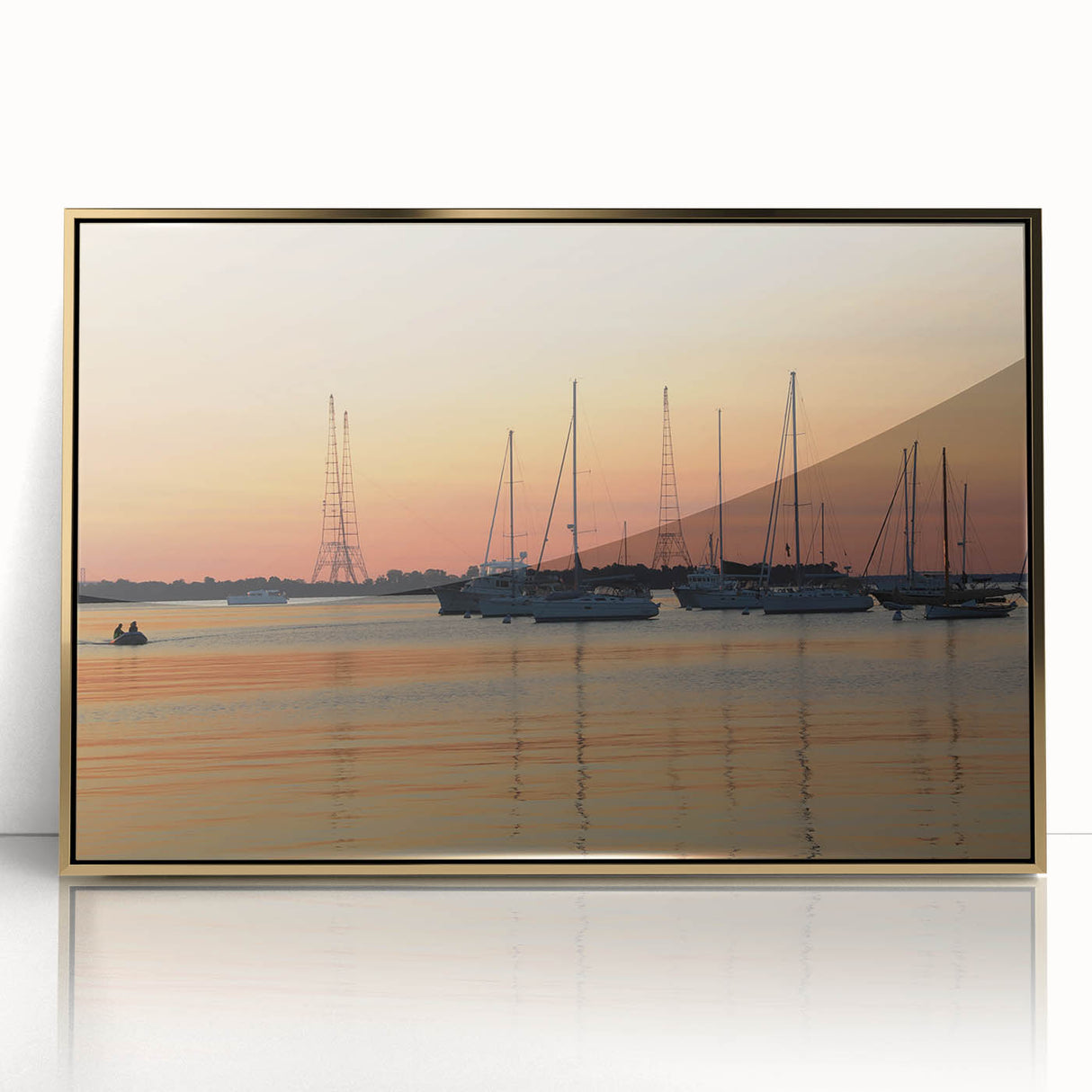 Framed acrylic print of Annapolis, Maryland scenery in mid-century modernist style with gold tones.