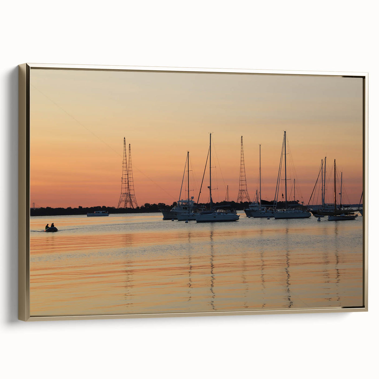 Framed canvas depicting a vintage-style landscape of Annapolis, Maryland in black and gold tones, suitable for bedroom decor.